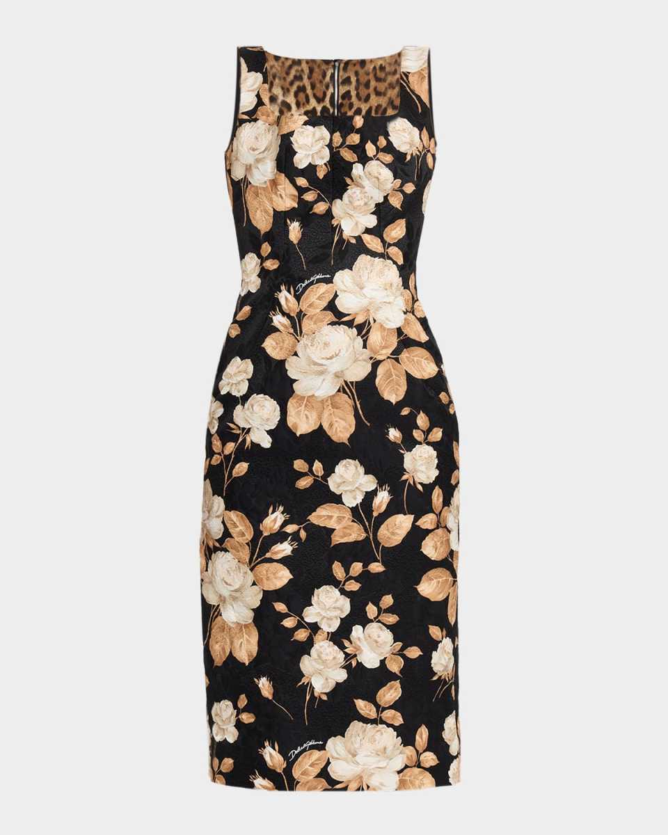 Vintage Floral Brocade Sleeveless Midi Dress